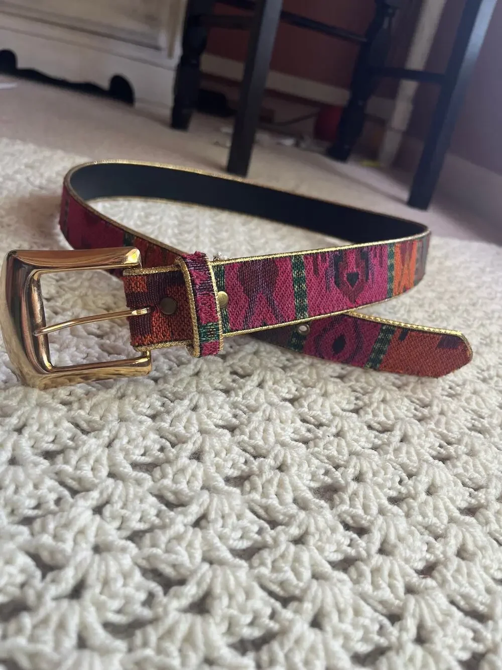 Vintage 90s Woven and Leather Belt Gold Buckle Southwest Aztec Size Large